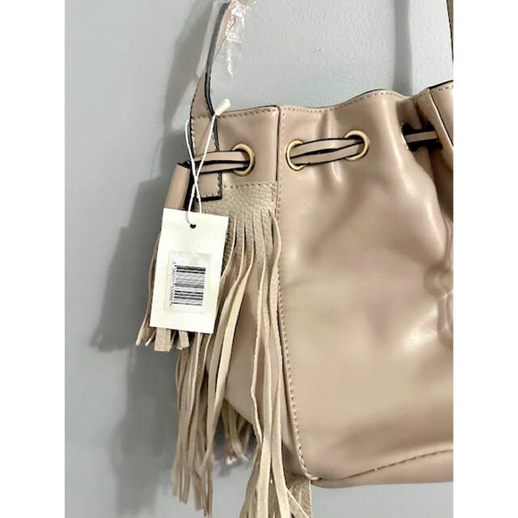 Taupe Fringe Bucket Bag Faux Leather Crossbody Purse Adjustable Strap NWT - Picture 4 of 6